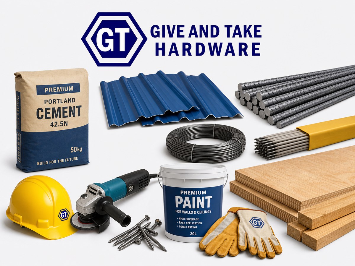 Hardware products including cement, steel, roofing sheets, gloves and tools